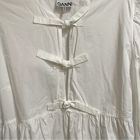 Ganni White Cotton Poplin Tie String Mini Dress Boho Beachy Size 44EU or 14US - Picture 10 of 13